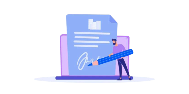 Persona sosteniendo un lapiz grande firmando un documento